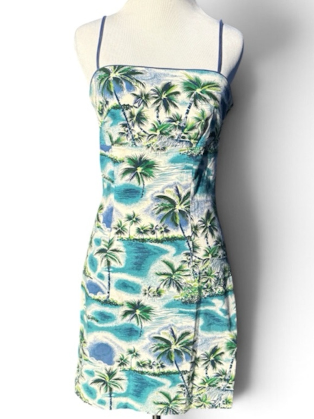 Vintage Tropical Palm Print Spaghetti Strap Mini Dress - Blue/Green